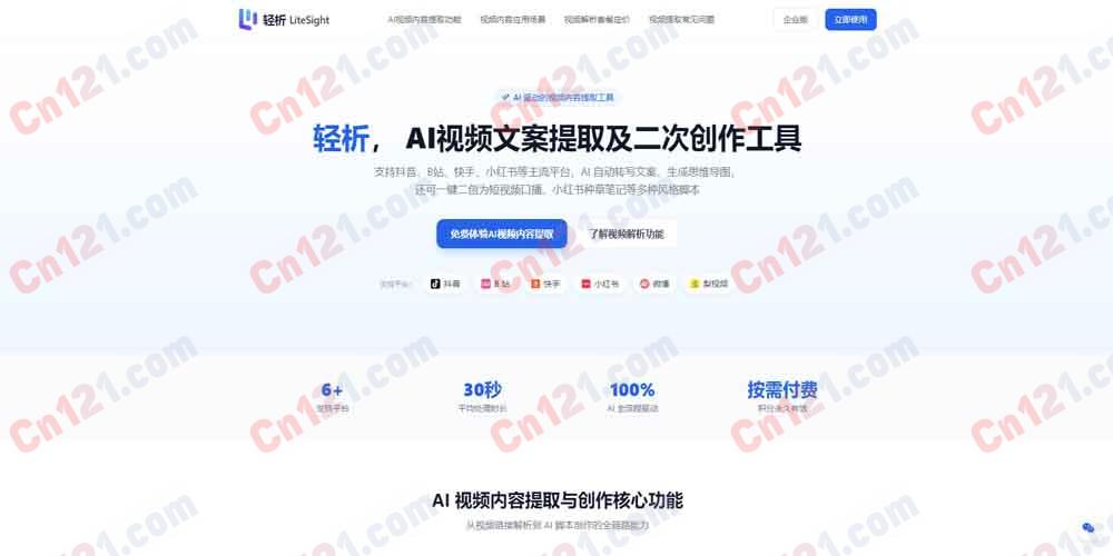 🔍 轻析 LiteSight|AI 视频内容提取与二次创作工具 多平台链接解析·文案提取·思维导图·知识笔记·AI 创作工坊 免费试用/弹性积分计费