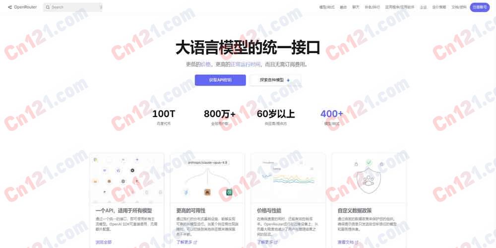 🌐 OpenRouter|全球最大 LLM 聚合平台|The Unified Interface For LLMs|400+ 模型来自 60+ 提供商+统一 API+智能路由+高可用容灾+30+ 免费模型+月均 100T Token 按量付费